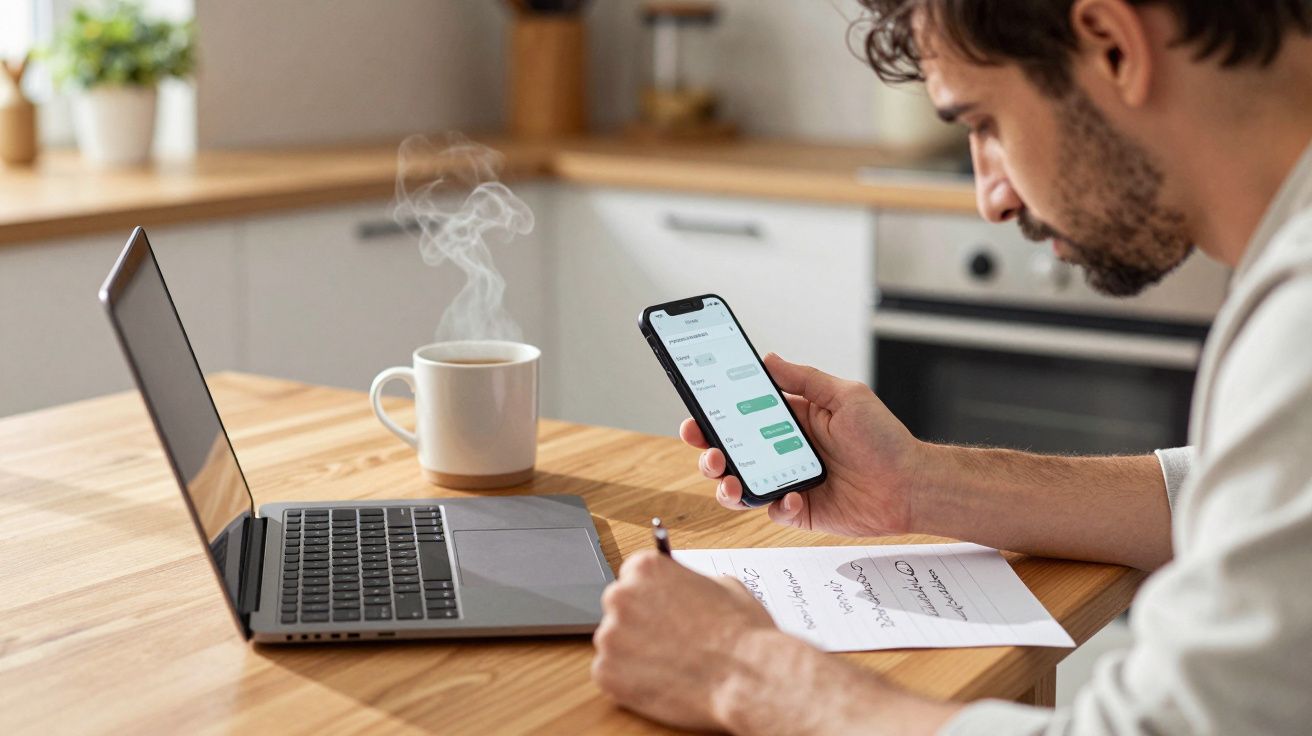 Man at kitchen table using smartphone and laptop, writing notes on paper, with steaming mug beside laptop.
