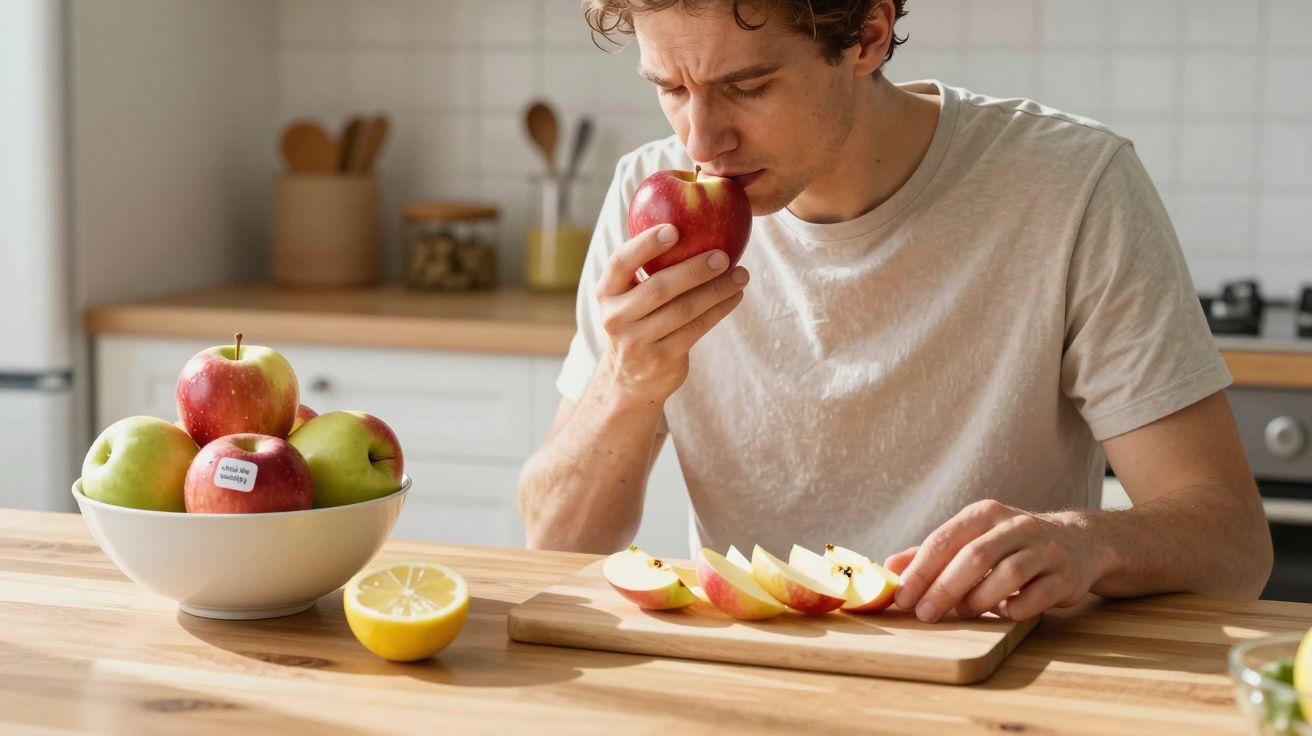 Man in white shirt smelling an apple in kitchen with sliced apples and lemons on wooden countertop.