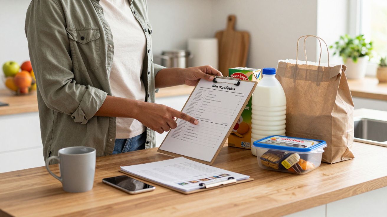 Person reviewing a grocery list in a kitchen with milk, snacks, fruit, a mug, and phone on the wooden countertop.