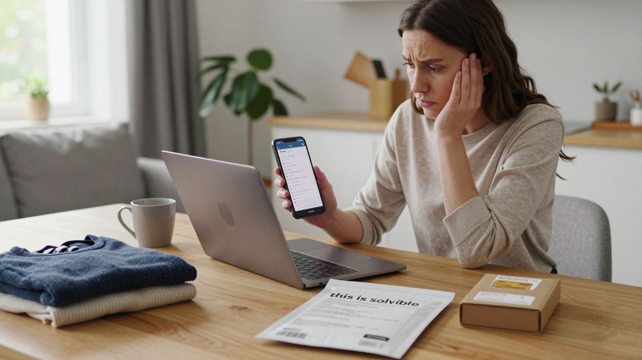 Woman looking worried at phone, sitting at desk with laptop and parcels.