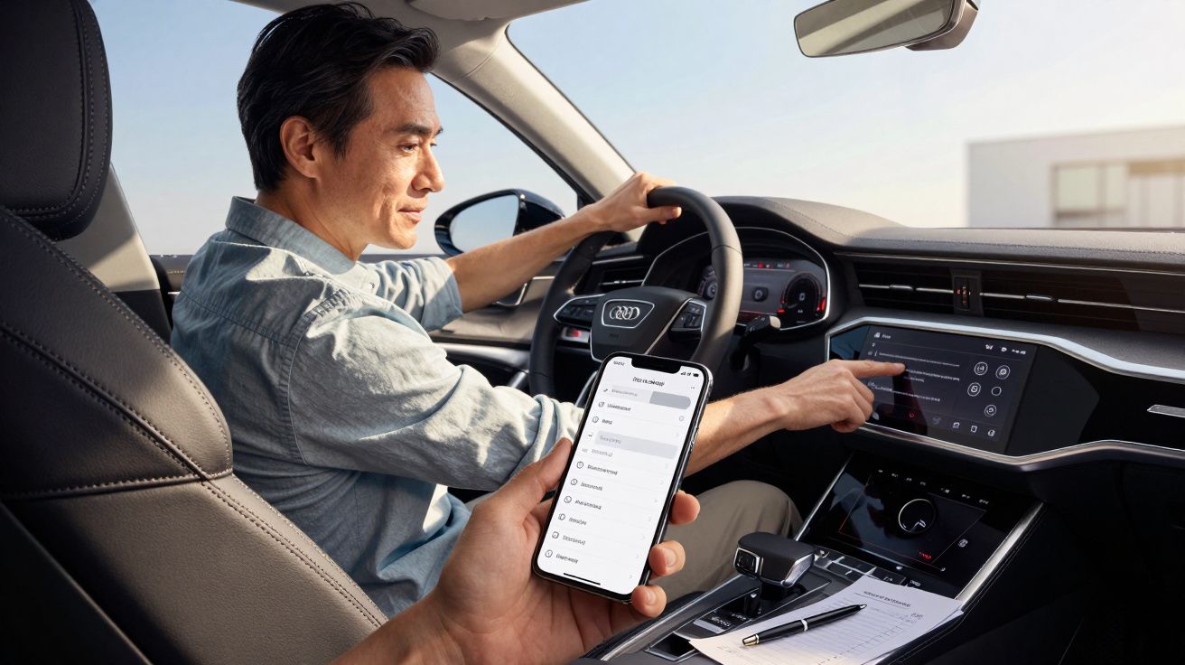 Man driving an Audi, interacting with the infotainment screen, while a smartphone displaying an app is held in the foreground
