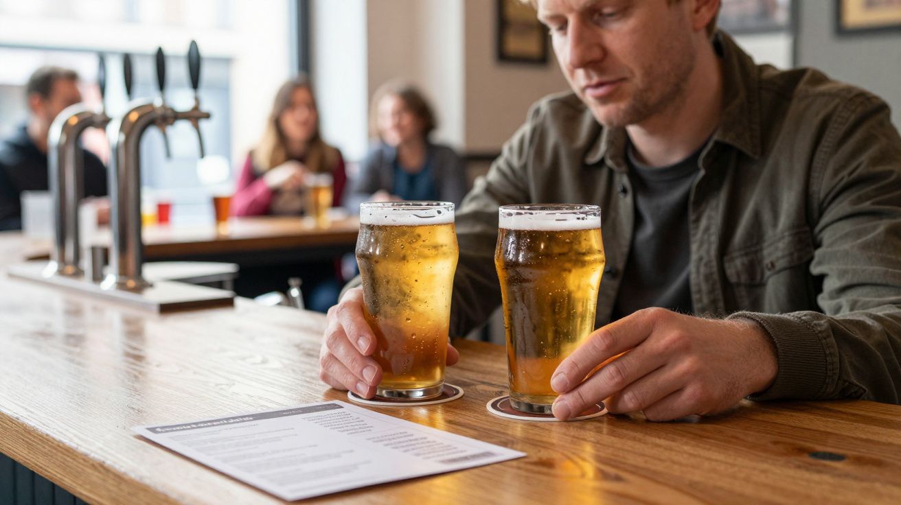 Man holding two pints of beer at a wooden bar table with a menu, other patrons in the background.