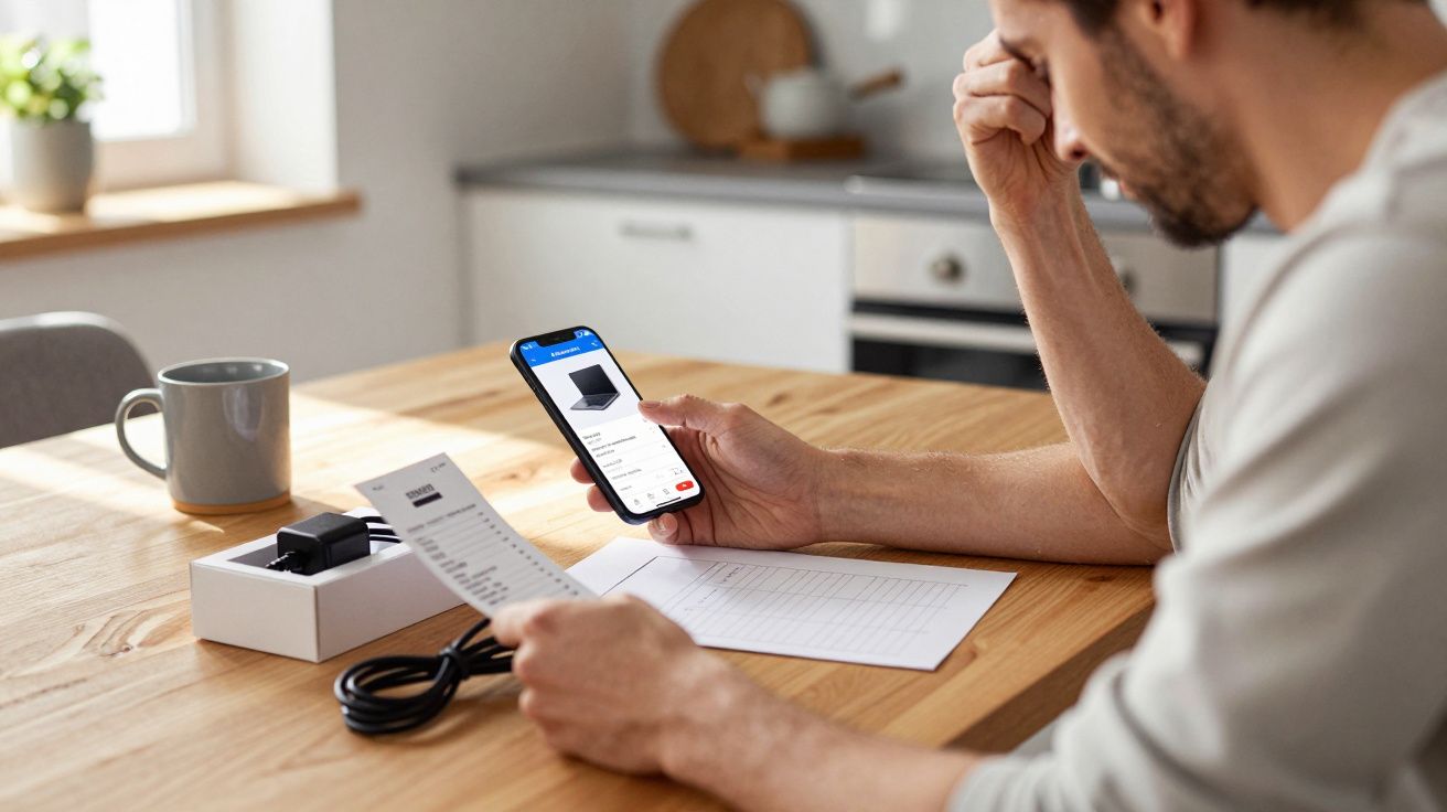 Man reviews electronic product on mobile while holding manual at wooden table in modern kitchen.
