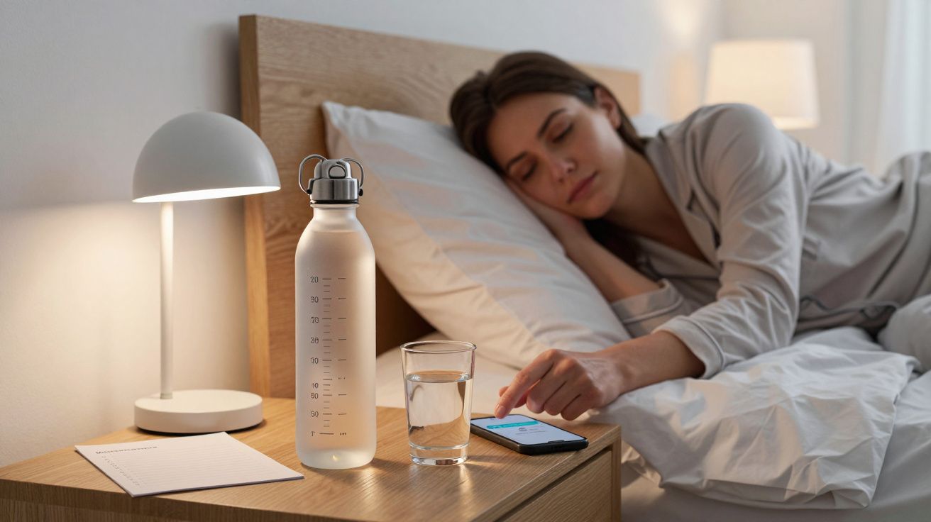 Woman sleeping in bed with a water bottle, glass, and smartphone on a bedside table with a lamp.