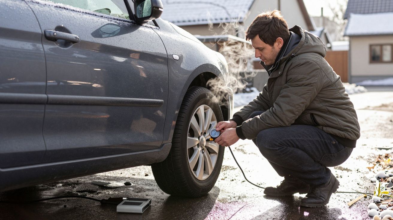 Man inflating car tyre with portable pump on a cold day, steam visible in the air.