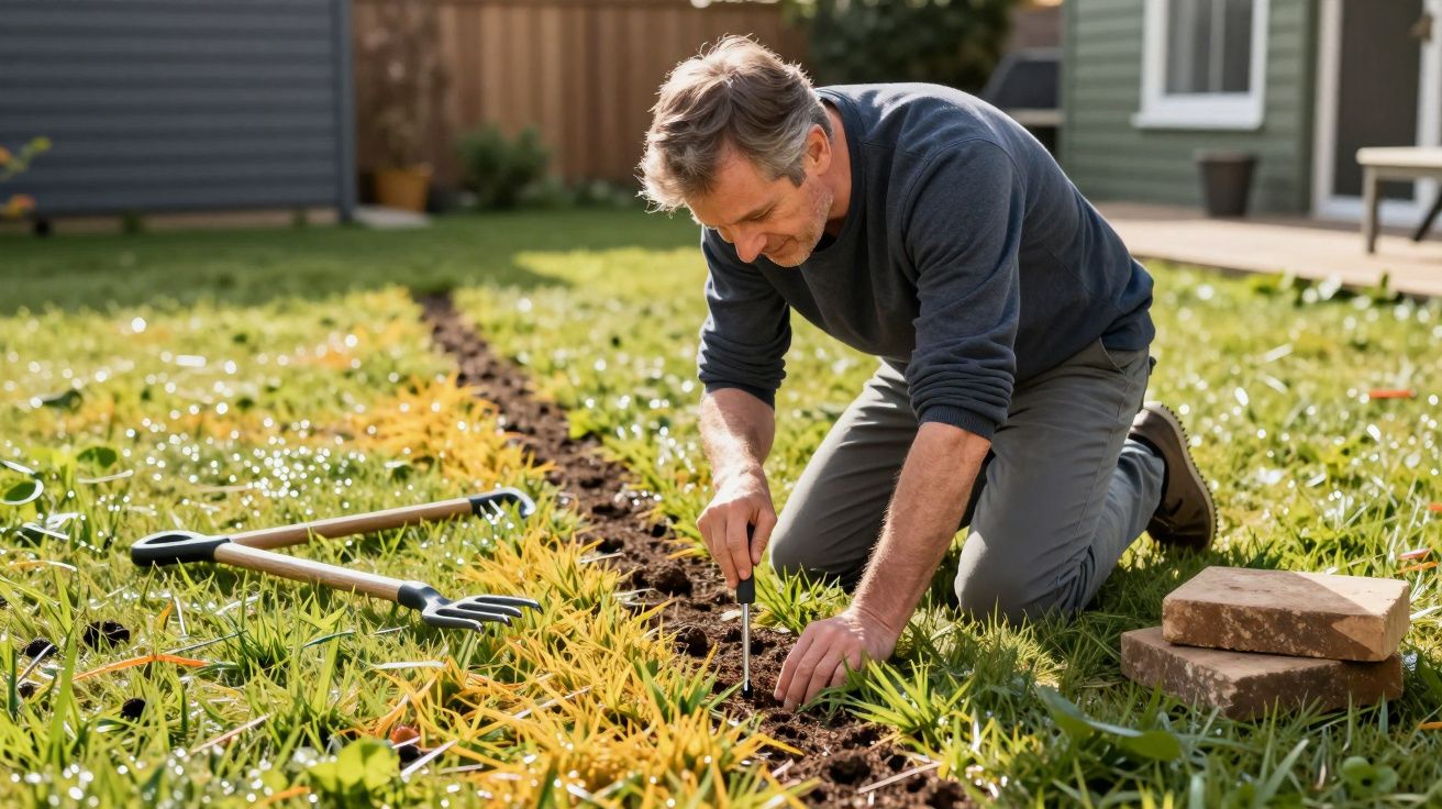 Man kneeling in garden planting seeds in soil, surrounded by lawn tools and stones in a sunny garden.