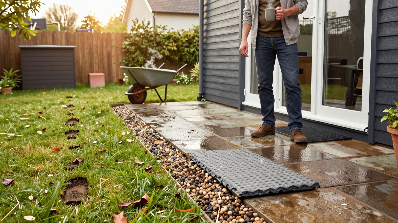 Person stands with cup on wet patio near garden path and wheelbarrow, footprints in grass.