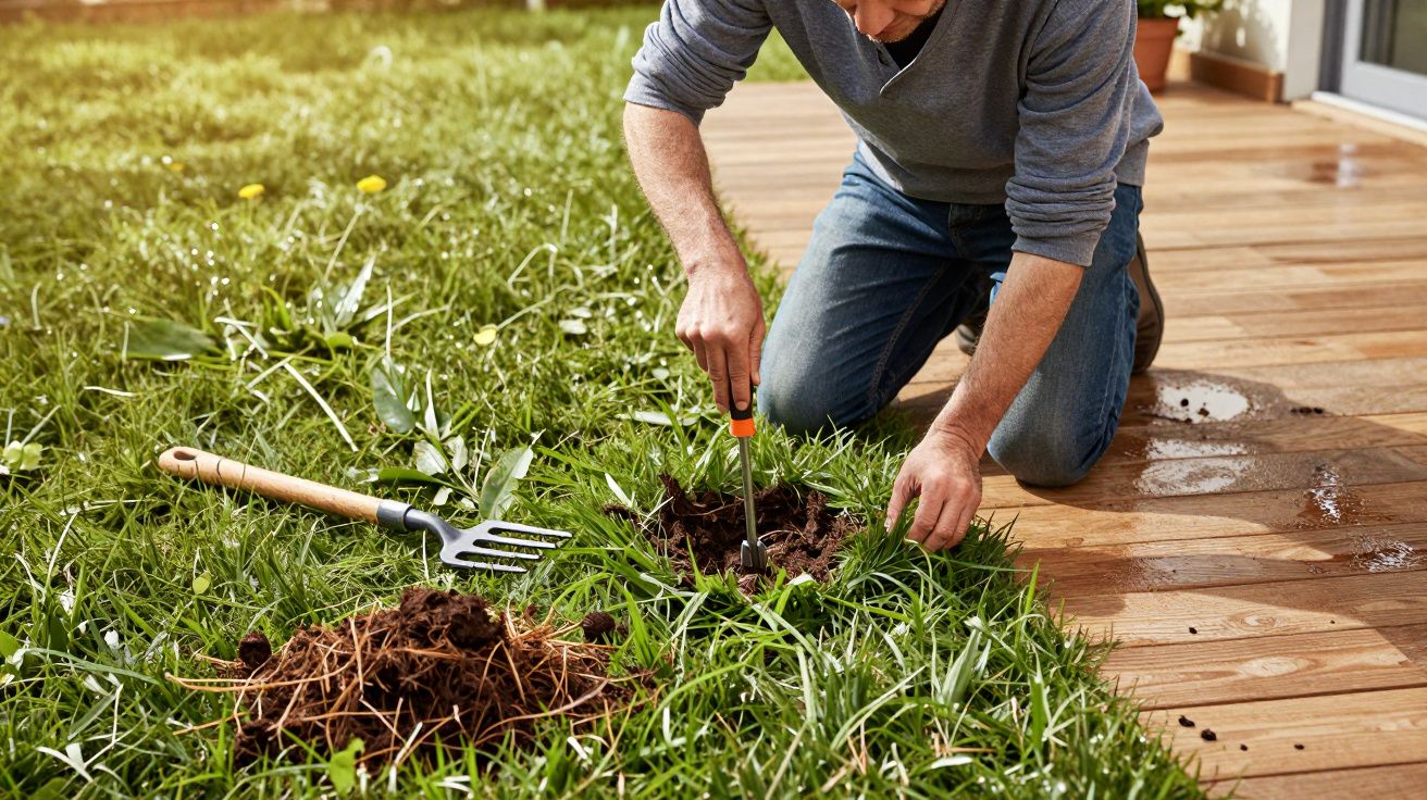Person kneeling on a wooden deck, digging in a garden with a small spade, surrounded by green grass and gardening tools.