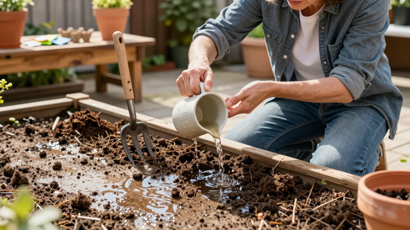 Person watering a garden bed with a jug, next to a garden fork, on a sunny day.