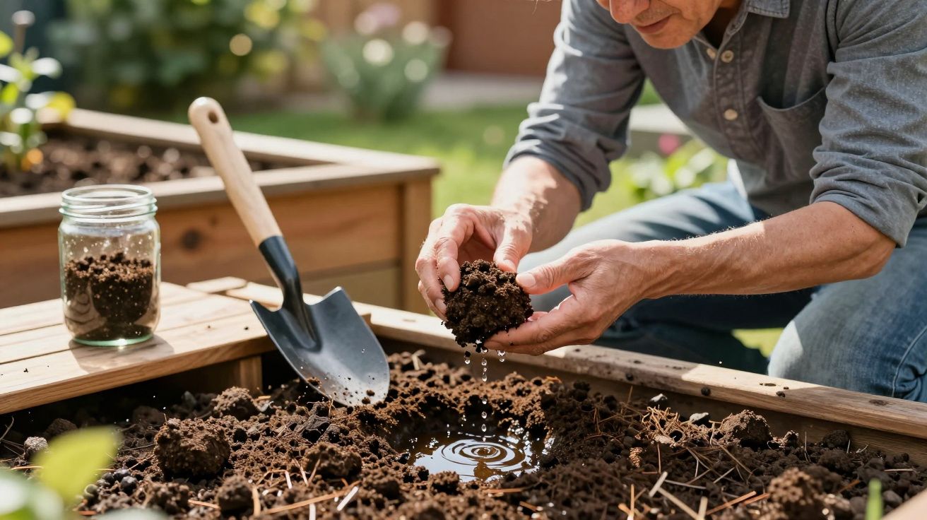Person examining soil in a raised garden bed, with a trowel and jar nearby.