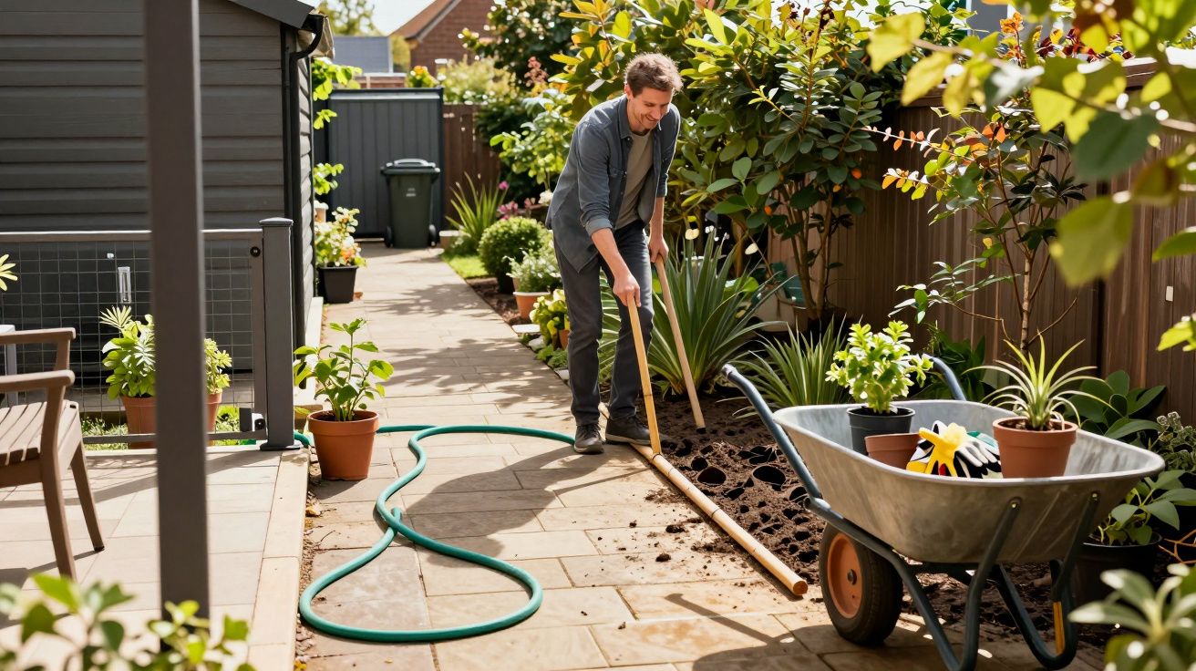 Man in garden rakes soil beside potted plants, wheelbarrow and hose on patio under sunny sky.