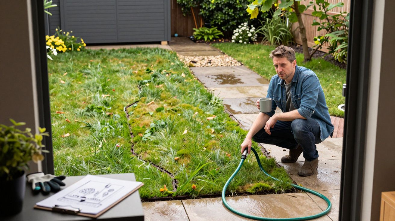 Man with mug waters grass in garden, kneeling on patio, with shed in background and gardening tools nearby.