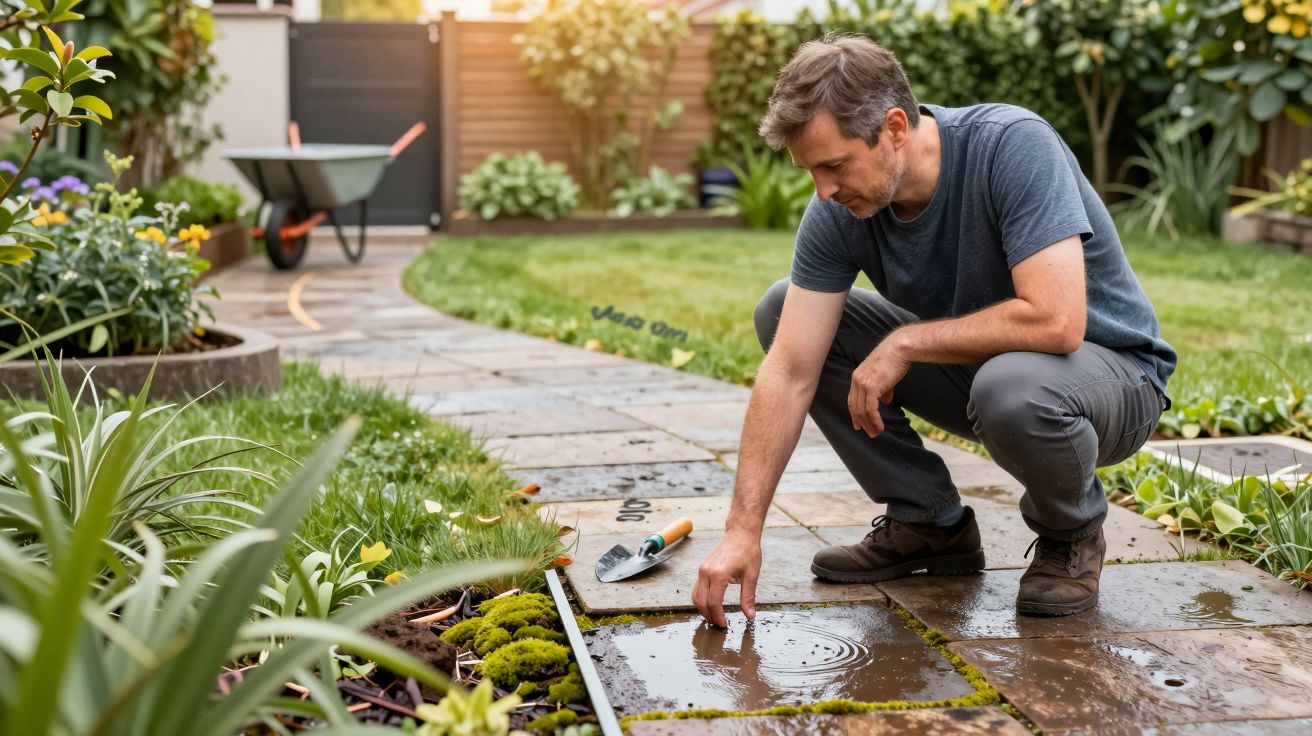 Man in grey shirt kneeling on garden path, clearing puddle from paving stone. Garden tools and plants surround him.