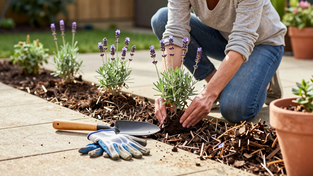 Person planting lavender in garden bed, tools and gloves nearby on patio.