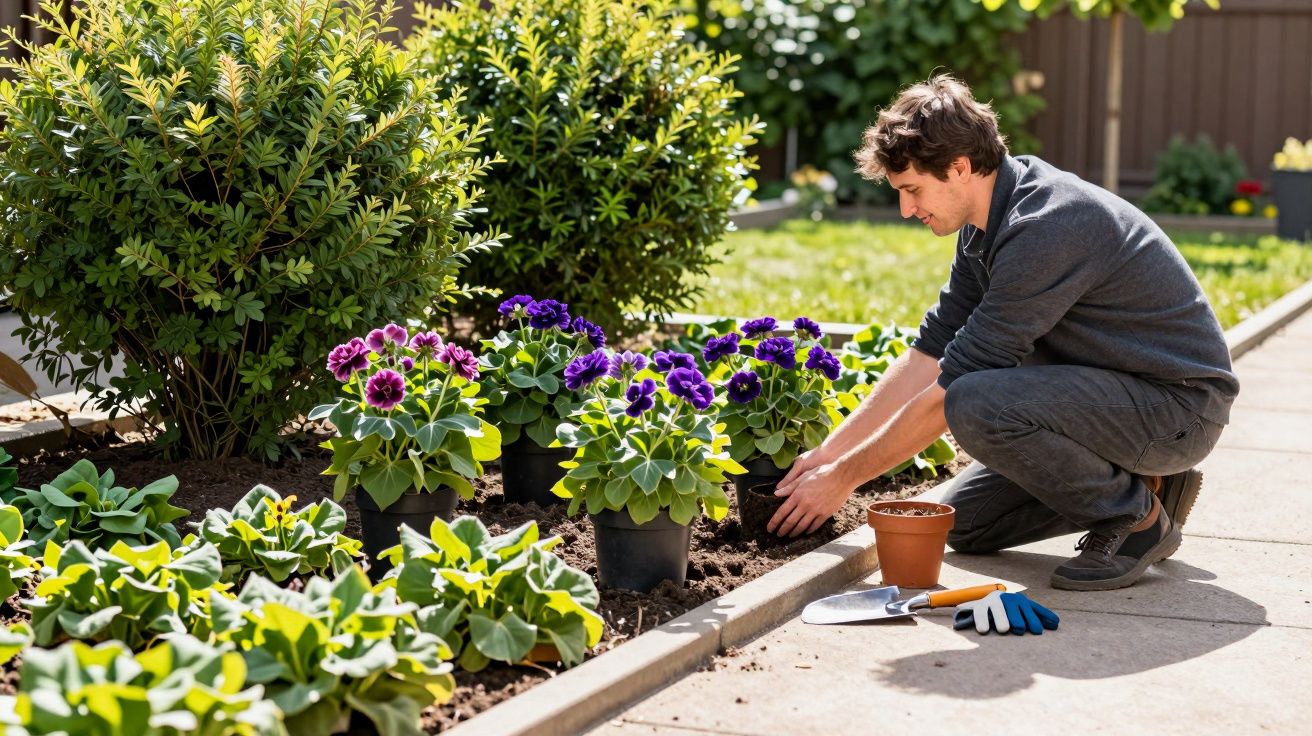 Man kneeling in garden, planting purple flowers next to green shrubs, with tools and gloves on the ground nearby.