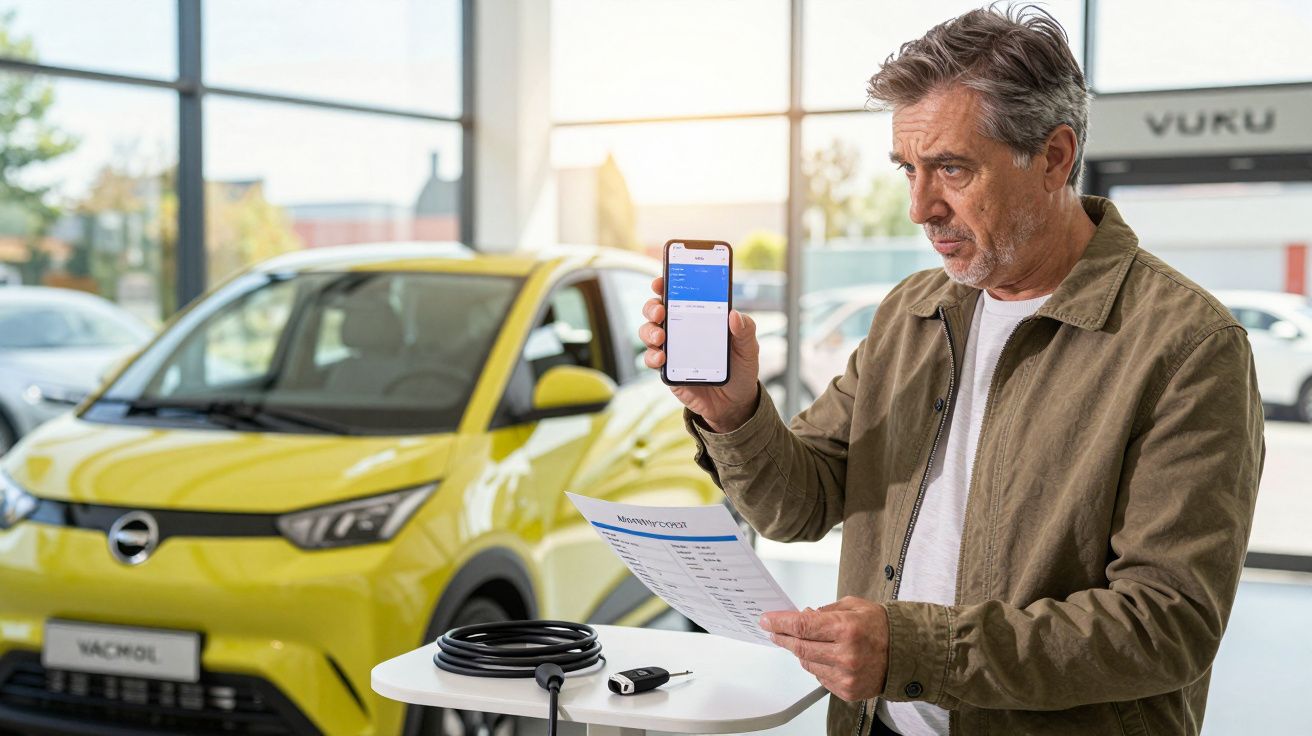 Man holding phone and paper beside a yellow electric car with a charging cable in a showroom.