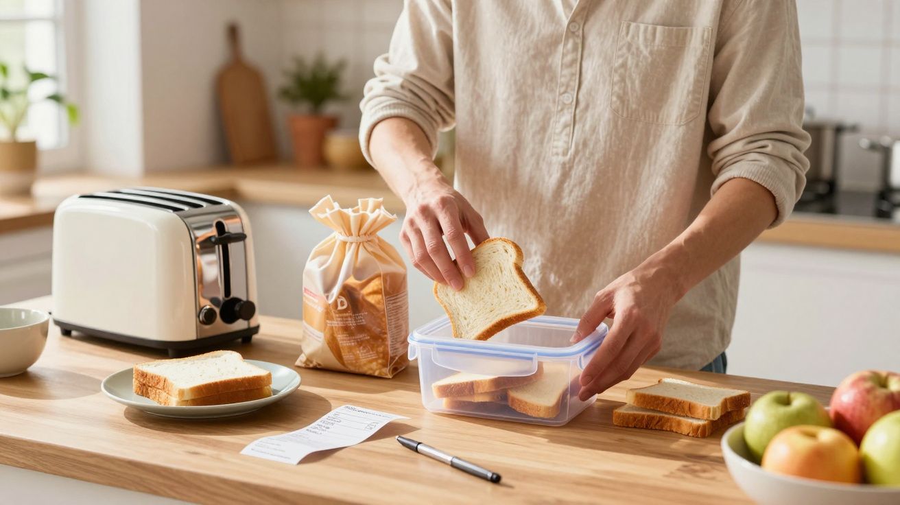 Person preparing sandwiches with sliced bread on a kitchen counter next to a toaster and fruit bowl.