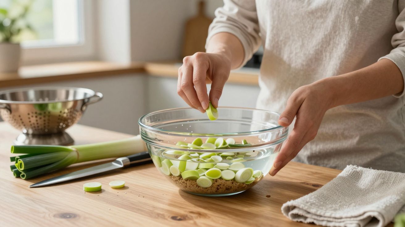 Person washing sliced leeks in a glass bowl of water on a wooden kitchen counter.