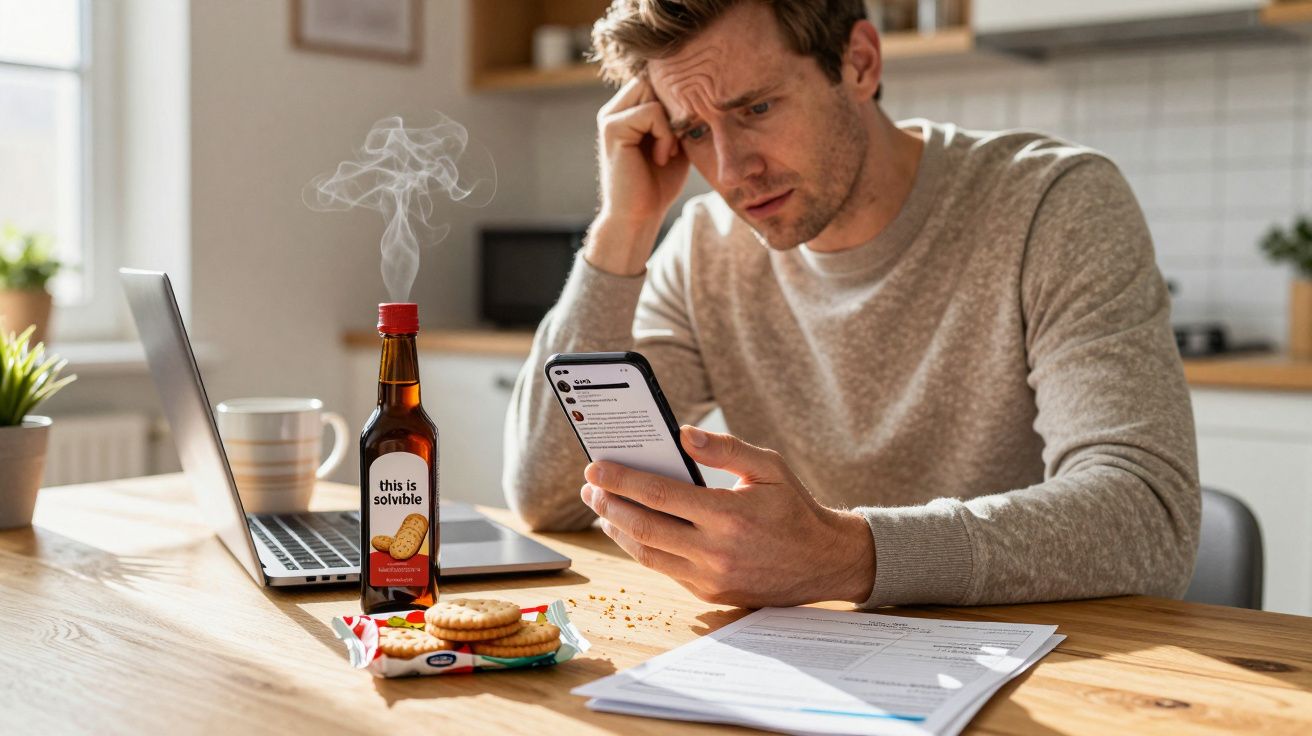 Man at kitchen table with phone, laptop, biscuits, and documents, looking concerned.
