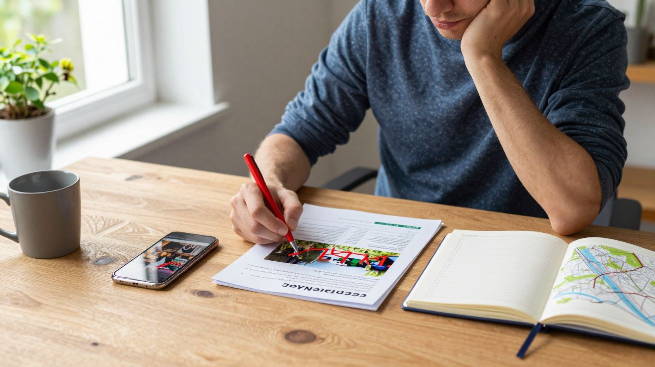 Person reading a document with a red pen, phone, and open notebook on a wooden desk by a window with potted plant.