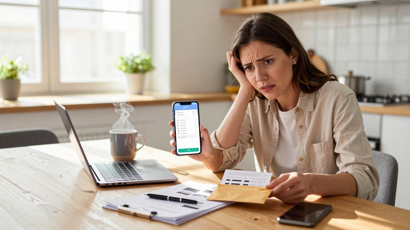 Woman at kitchen table, holding phone and bill, looking worried. Laptop and documents are on the table.