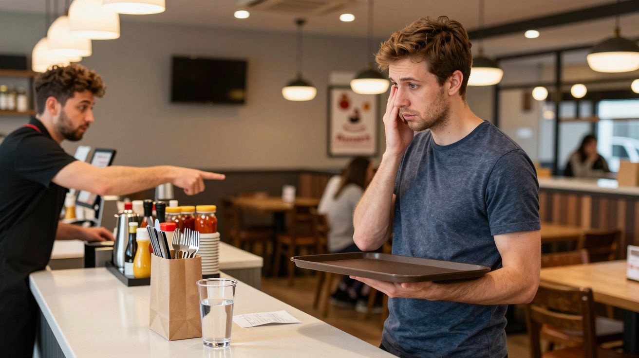 Customer looks confused as server points from behind counter in a café setting.