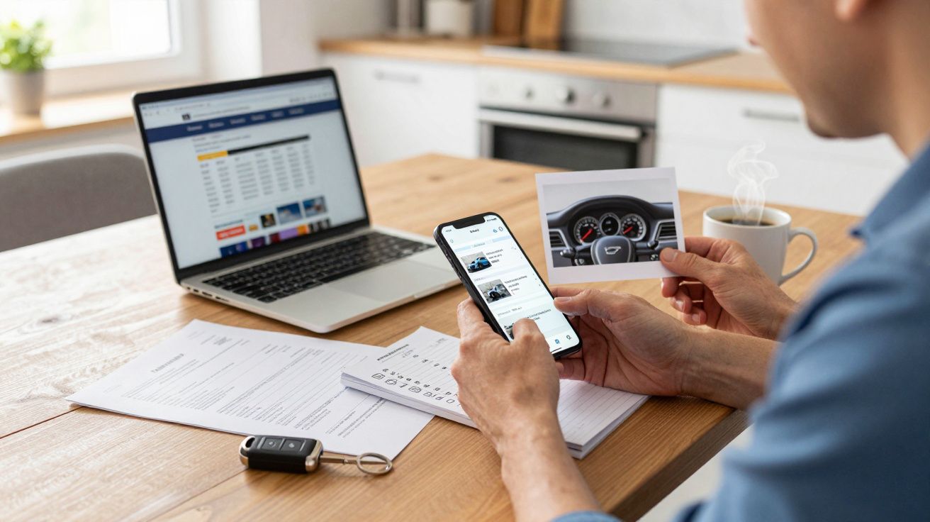 Person browsing car listings on phone and laptop, holding photo of car dashboard, with keys and coffee on table.