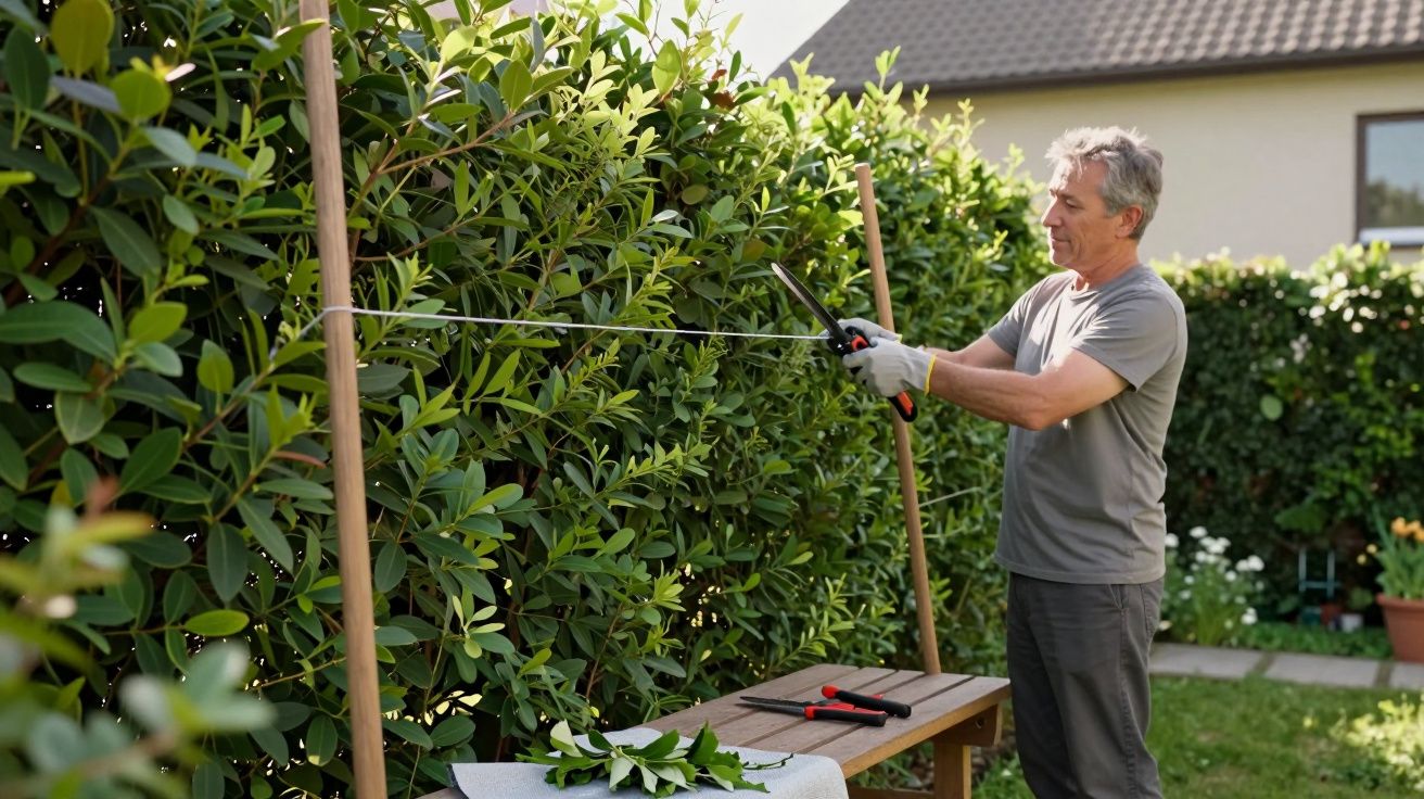 Man trimming tall hedge with scissors in a garden, wearing gloves and grey t-shirt, bright sunny day.