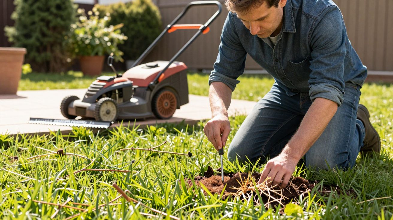 Man kneeling on grass pulling weeds, with a lawnmower in the background.