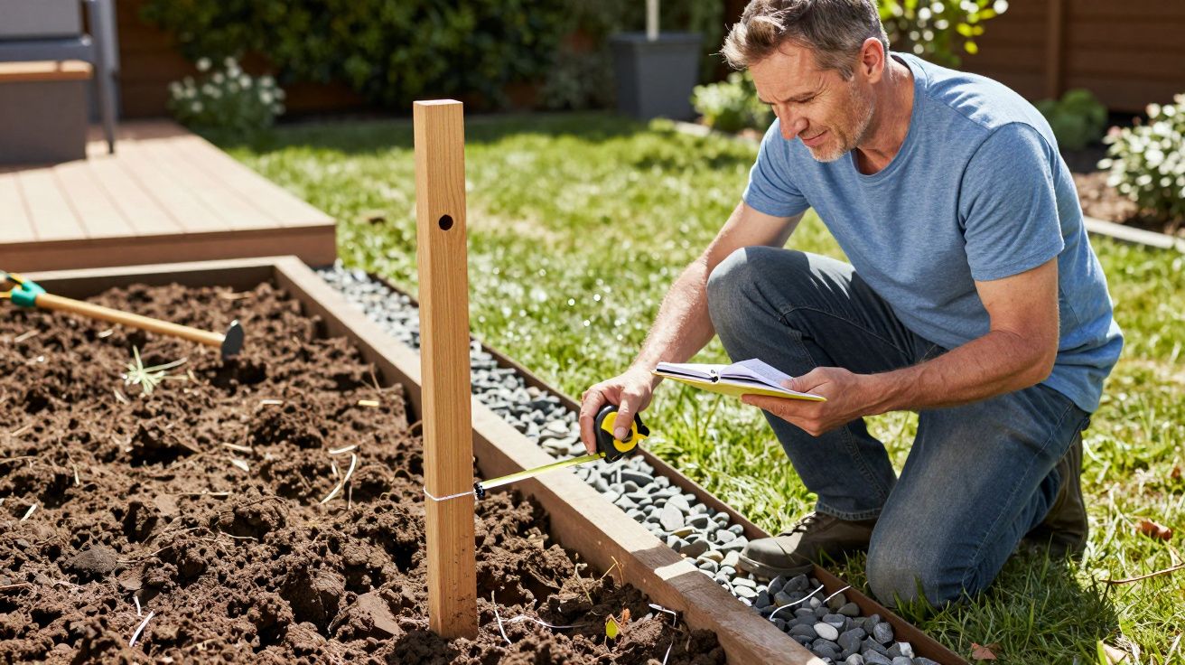 Man measuring a wooden post in a garden with a measuring tape, kneeling on the soil, holding a notepad.