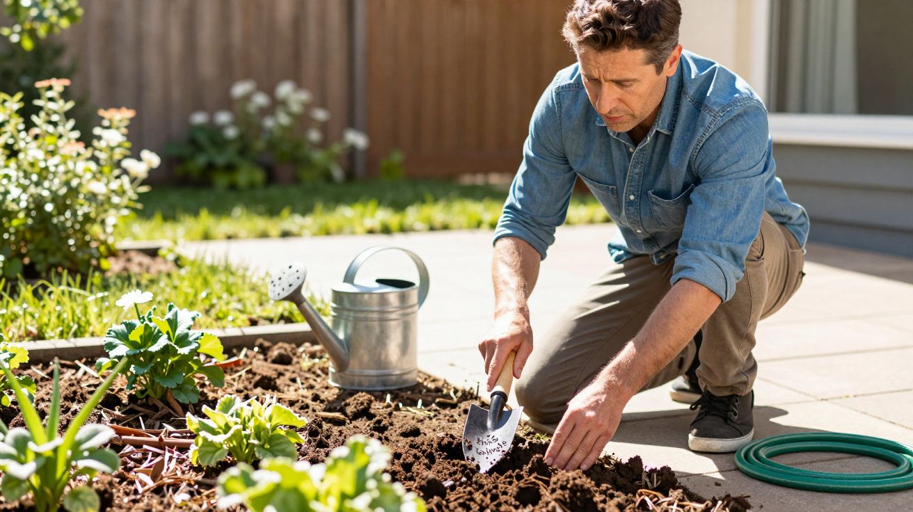 Man gardening with trowel beside a watering can, planting seeds in a sunlit garden bed.