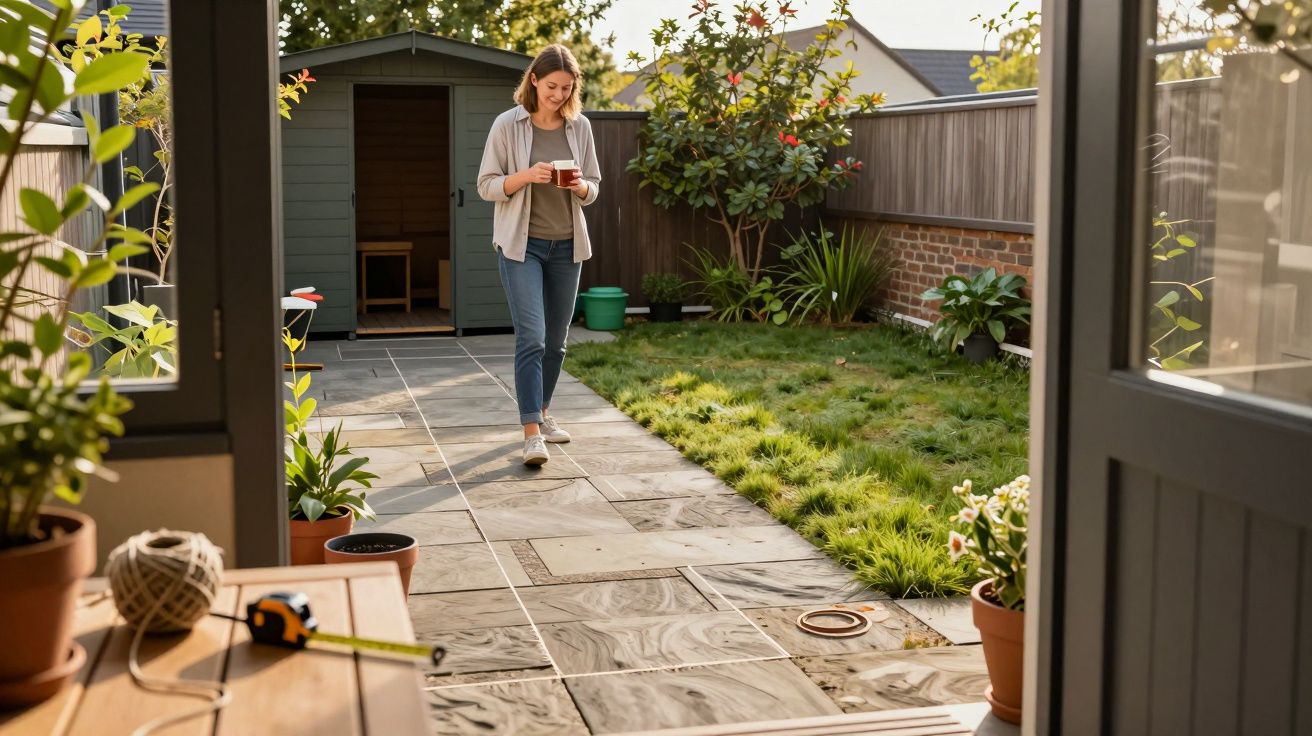 Woman walking in garden with cup, near wooden shed, surrounded by grass and potted plants on a sunny day.