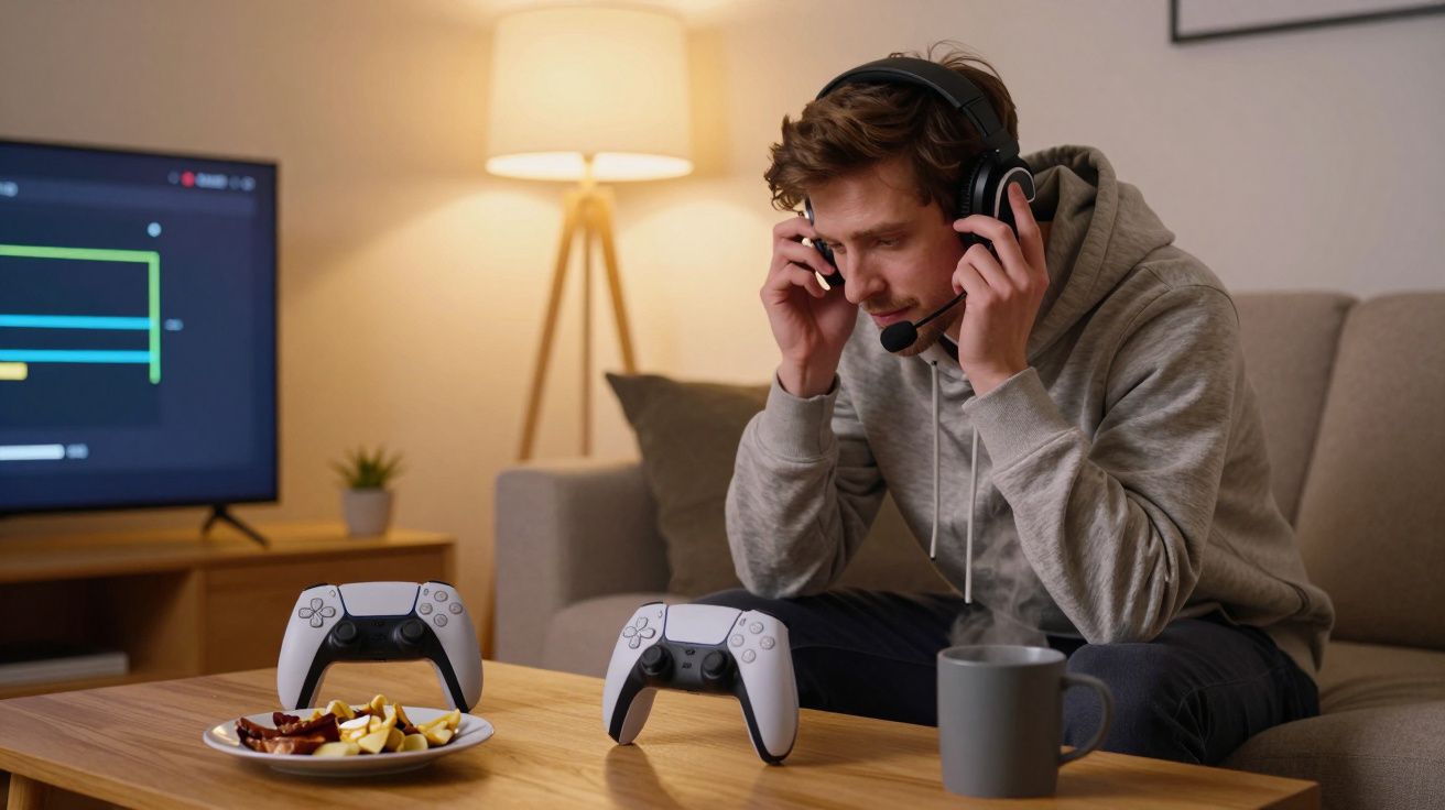 Young man with headphones gaming, sitting on sofa, two controllers and snacks on table, TV in background.