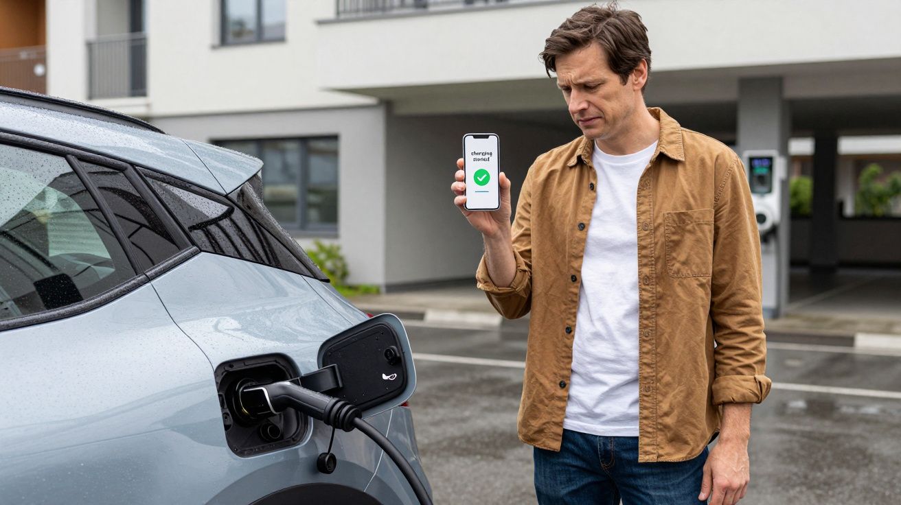 Man holding phone while car charges at an electric vehicle charging point outside residential building.