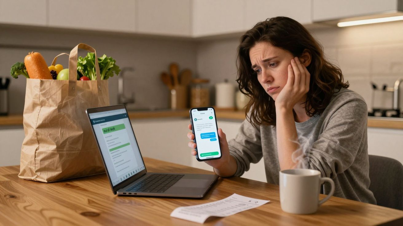 Woman looking worried at phone screen, laptop open, grocery bag and mug on table, receipt in front.