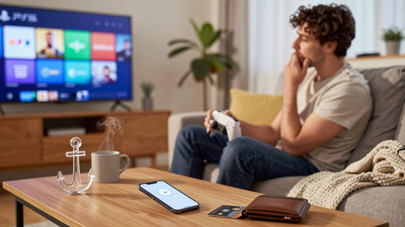 Man holding a game controller, sitting on a sofa, with a smartphone and wallet on the table, TV screen in the background.