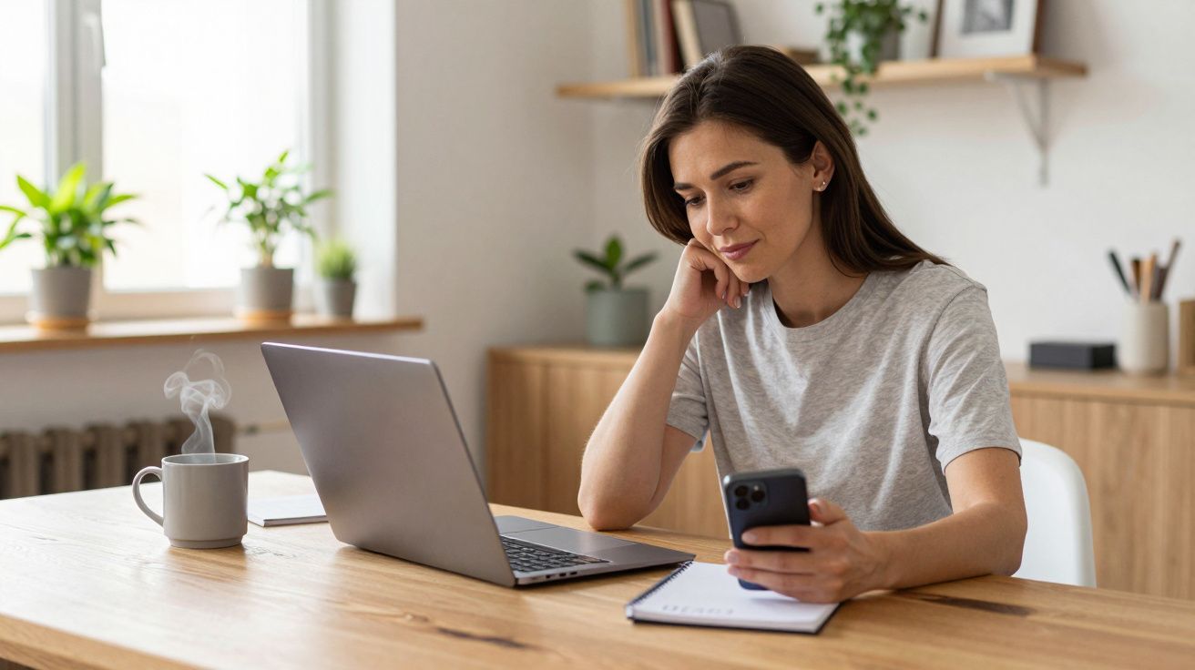 Woman in grey t-shirt using smartphone and laptop at a wooden desk, with coffee and plants on a bright day.