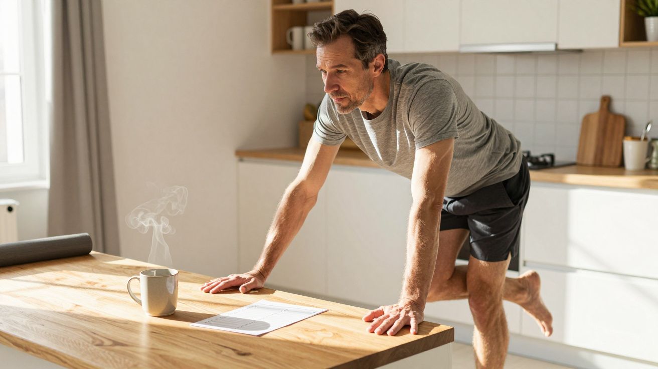 Man doing stretches in a bright kitchen beside a steaming mug on the table.