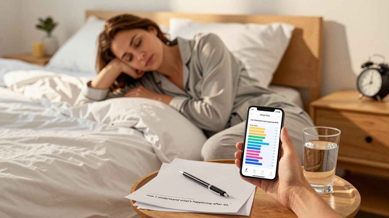 Person holds phone showing sleep data while woman sleeps in bed; notebook and water on a bedside table.