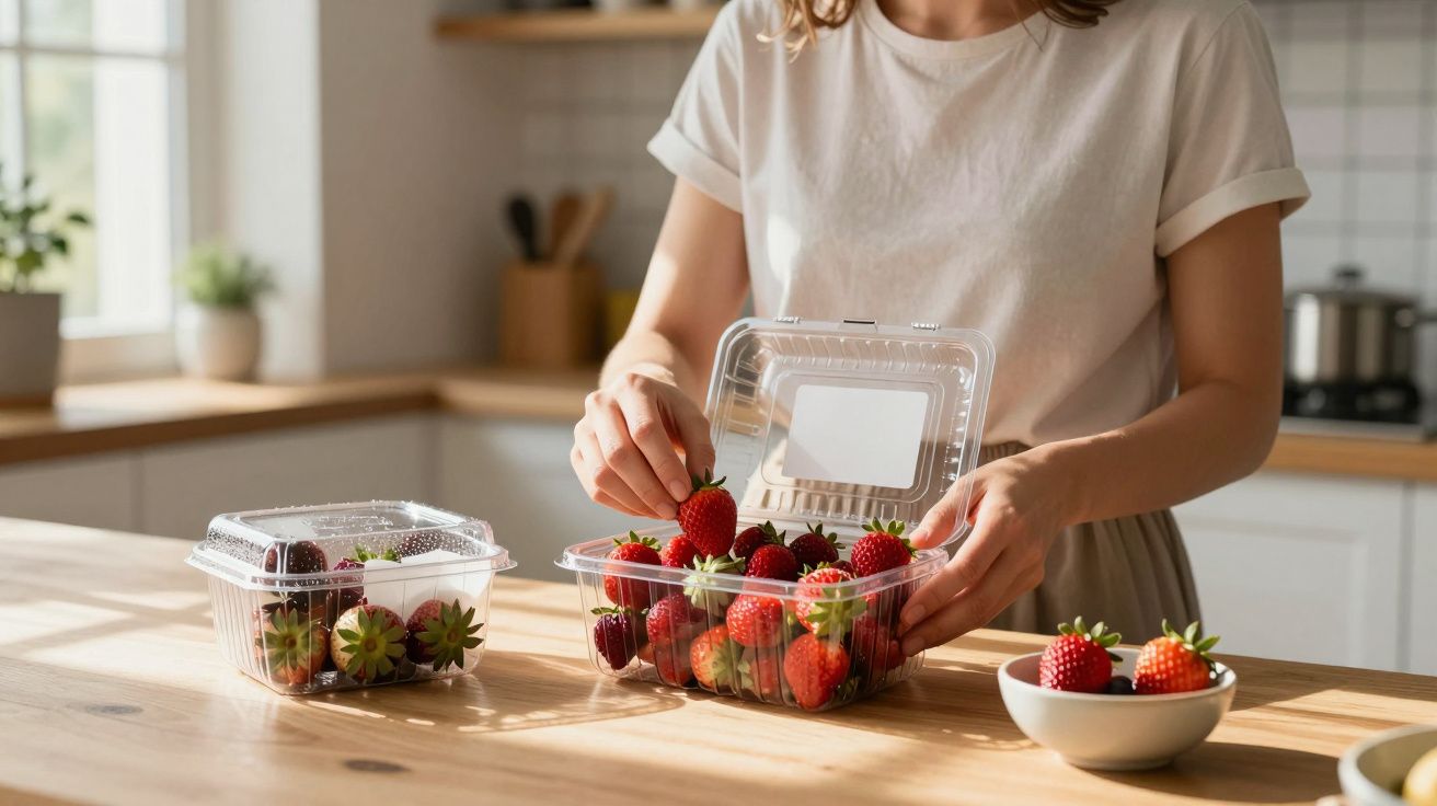 Woman in a kitchen packaging fresh strawberries into a plastic container on a wooden table, with sunlight from the window.