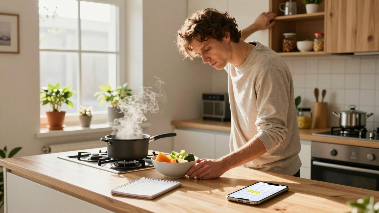 Man cooking in a bright kitchen, checking tablet, near steaming pot and vegetables on a wooden counter.