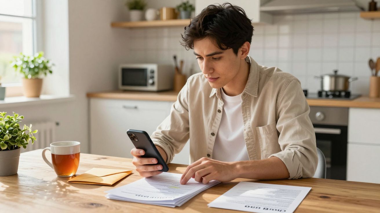Young man in kitchen using smartphone while reading documents at a wooden table with a cup of tea nearby.