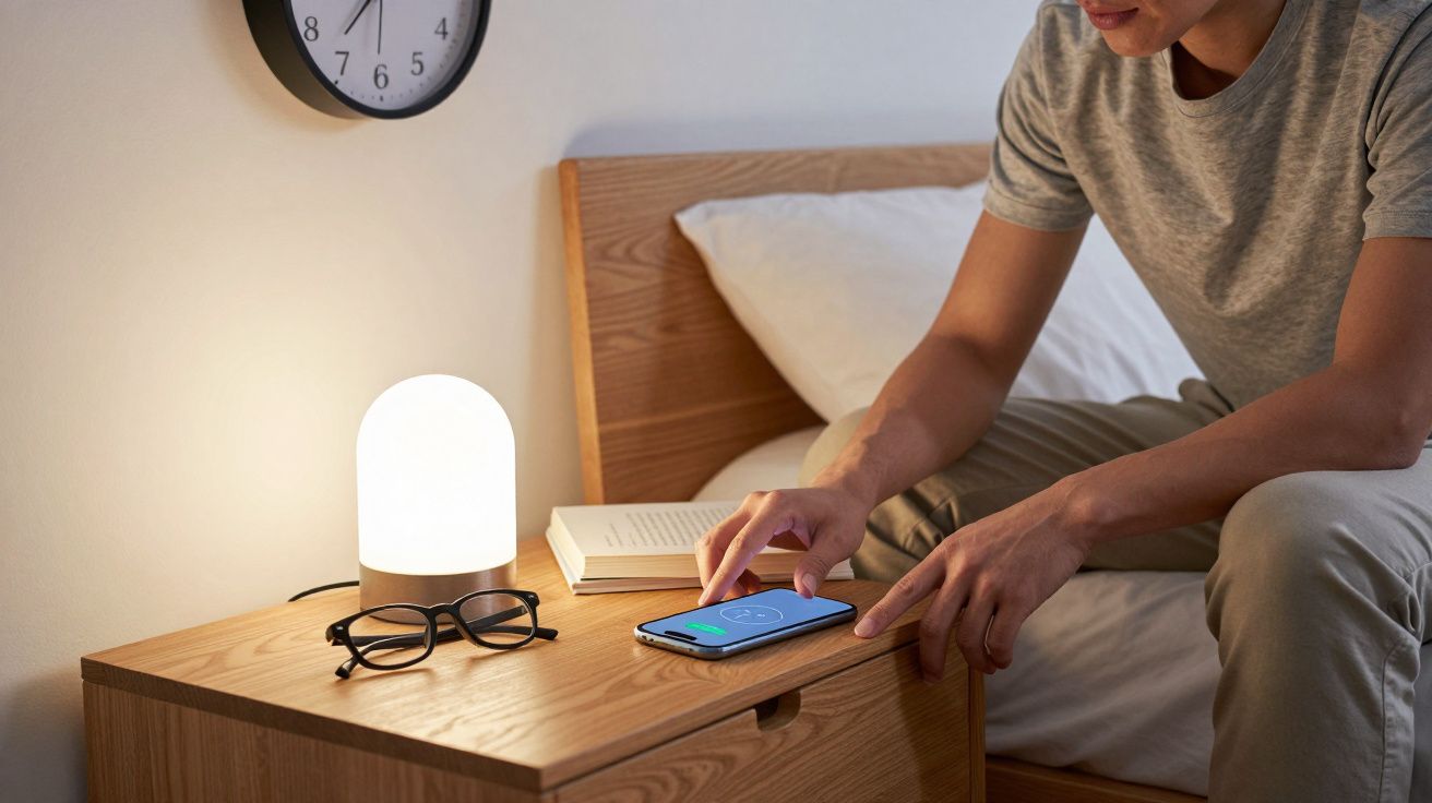 Person using smartphone on bedside table with lamp, glasses, and book, under a wall clock.