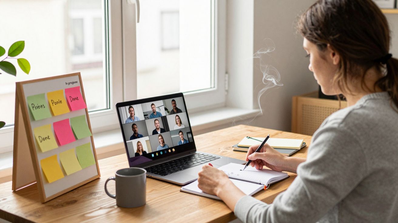 Woman attending a virtual meeting on a laptop, writing notes, with a sticky note board and mug on the desk.