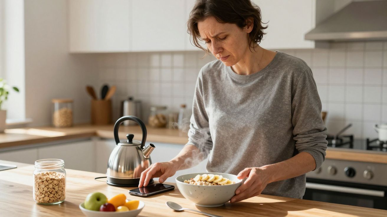 Woman in kitchen with a bowl of cereal and fruit, using a smartphone beside a kettle.
