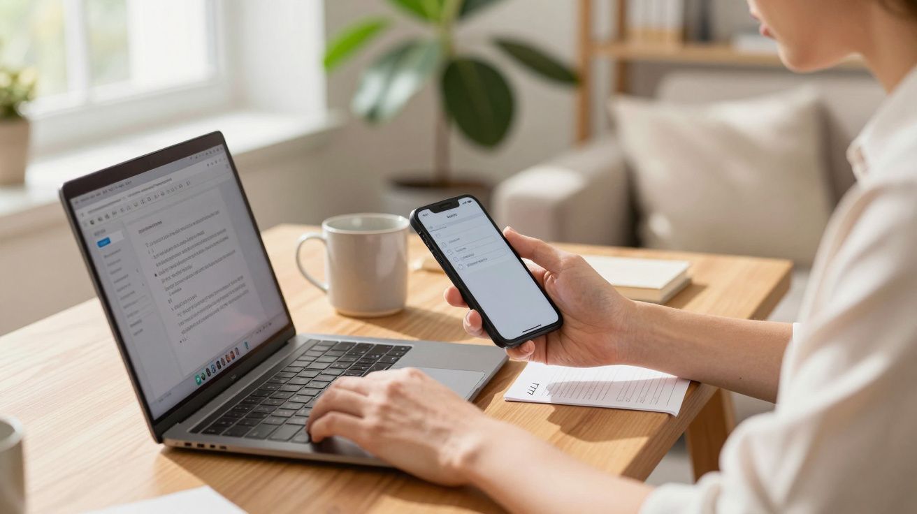 Woman using smartphone and laptop at a desk, with a coffee mug and paperwork nearby.