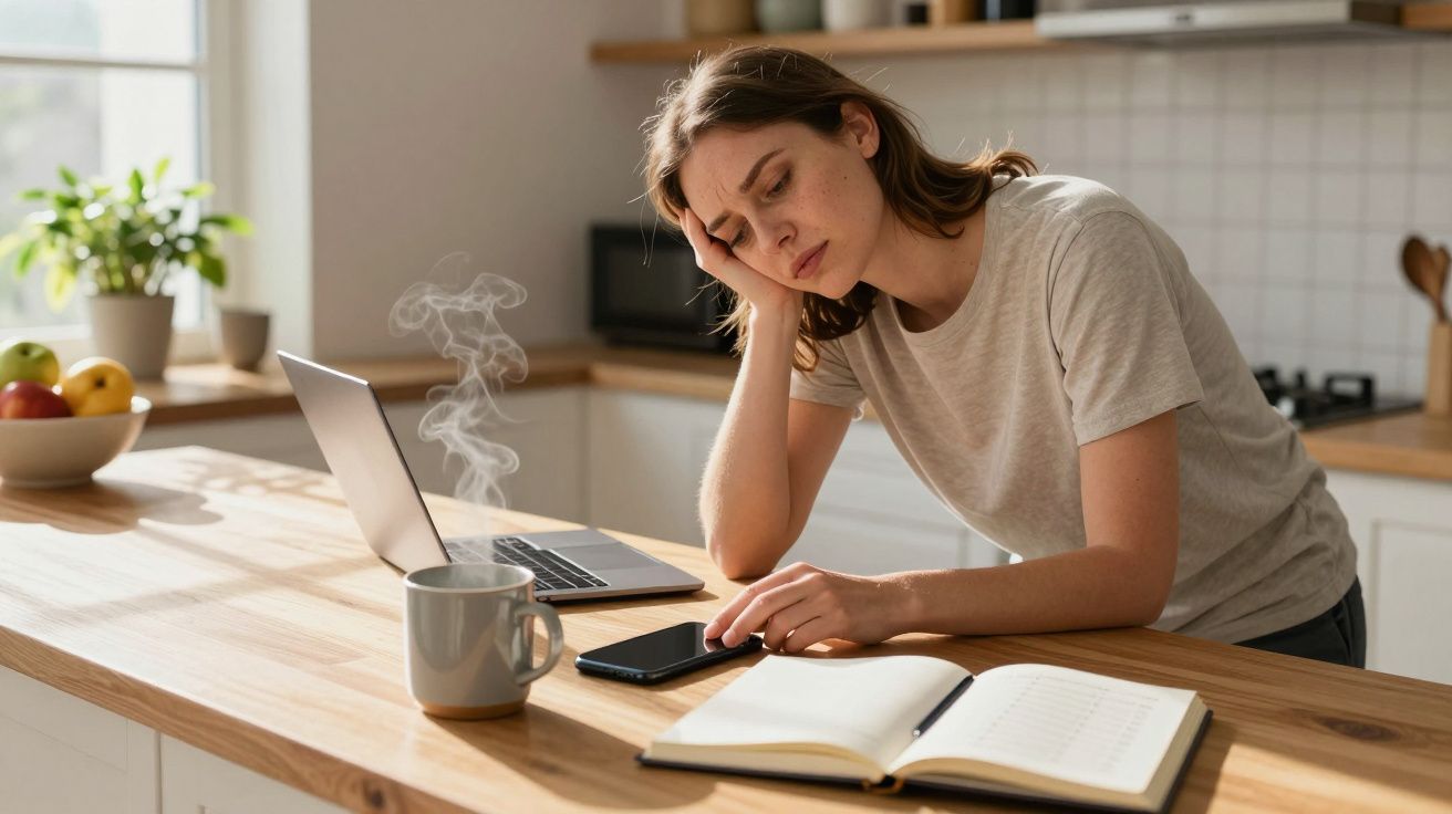 Woman in kitchen, leaning on hand, looking tired. Open laptop, steaming mug, and planner on wooden counter.