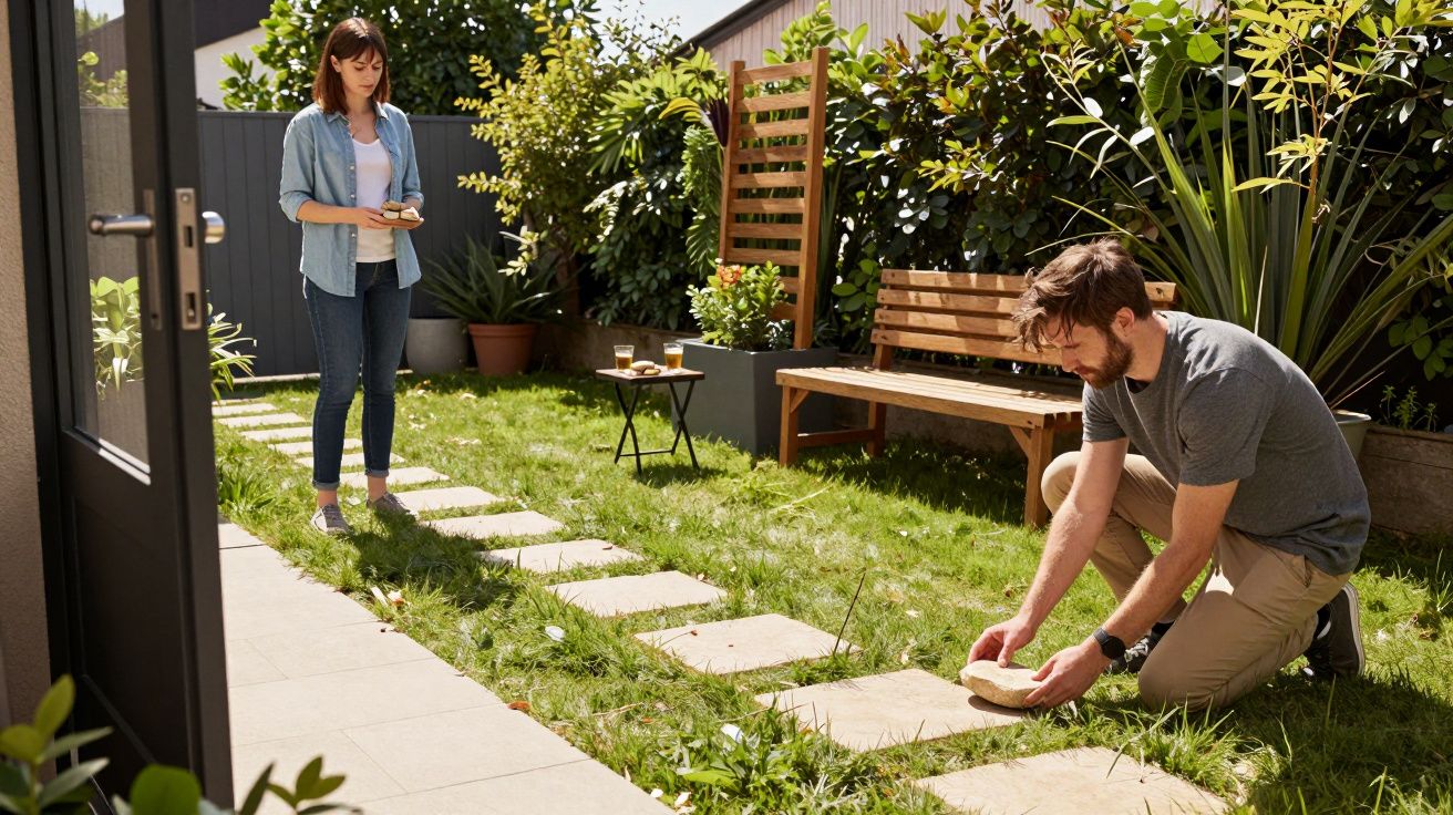 Man placing stones in garden path, while woman holds phone nearby; plants and bench in background.