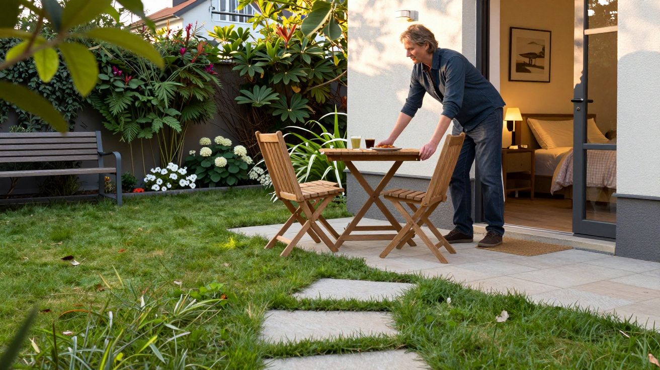 Man setting wooden table in a garden with stepping stones, bench, and plants near an open patio door leading to a bedroom.