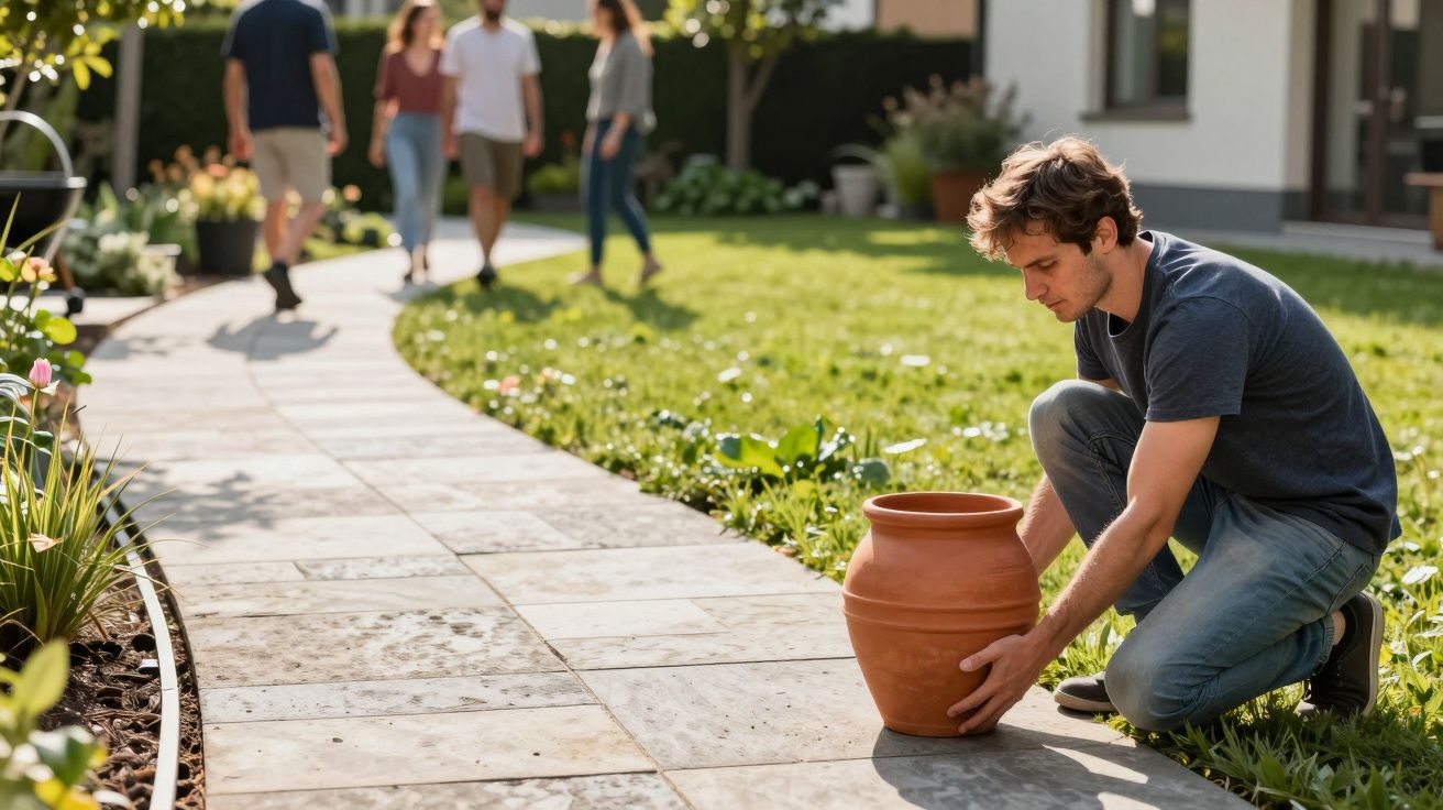 Man kneeling on garden path placing a terracotta pot, with four people walking in the background.